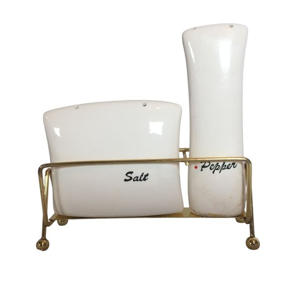 VTG MCM Ceramic Salt & Pepper Shakers With Gold Metal Stand Japan - Picture 2 of 13